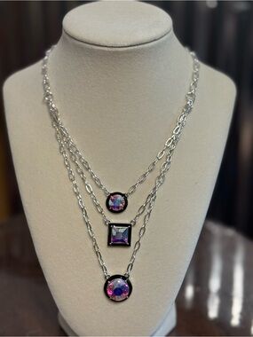 Prismatic Crystal Drop Framed in Black Silver-toned Necklace